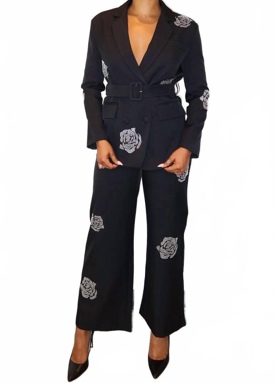 NEW BEULAHSTYLE flo rho rhinestone two piece pants suit with belt in black